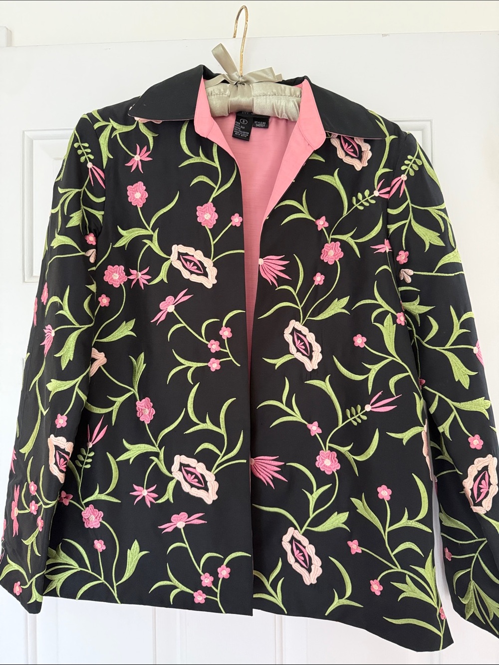 MSK Women’s 100% Silk Black Floral Embroidered Jacket with Pink Accents - Size S